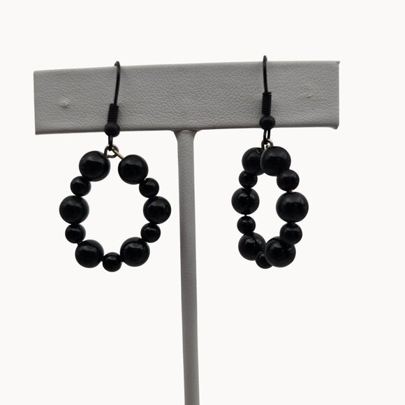 Whimsigoth Punk Retro Party Glam Dark Black Beaded Loop Dangle Drop Earrings - Picture 2 of 5